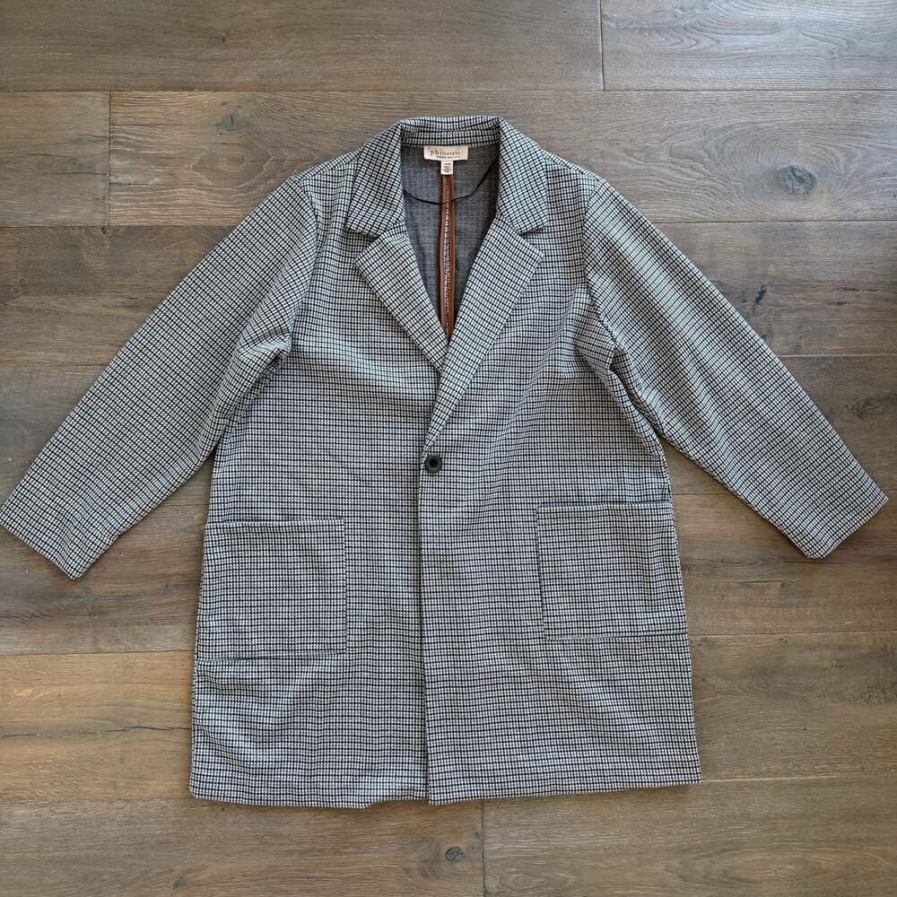 PHILOSOPHY Woman Duster Sweater Cardigan Jacket Houndstooth Blue Tan White 1X